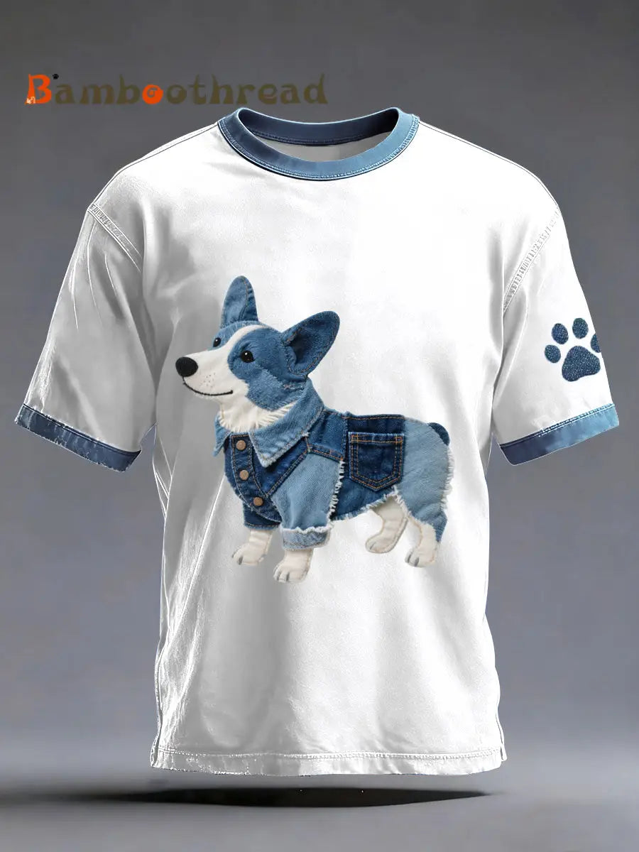 Men’s Denim Patchwork Art Corgi Dog Pattern Washed T-Shirt White / S