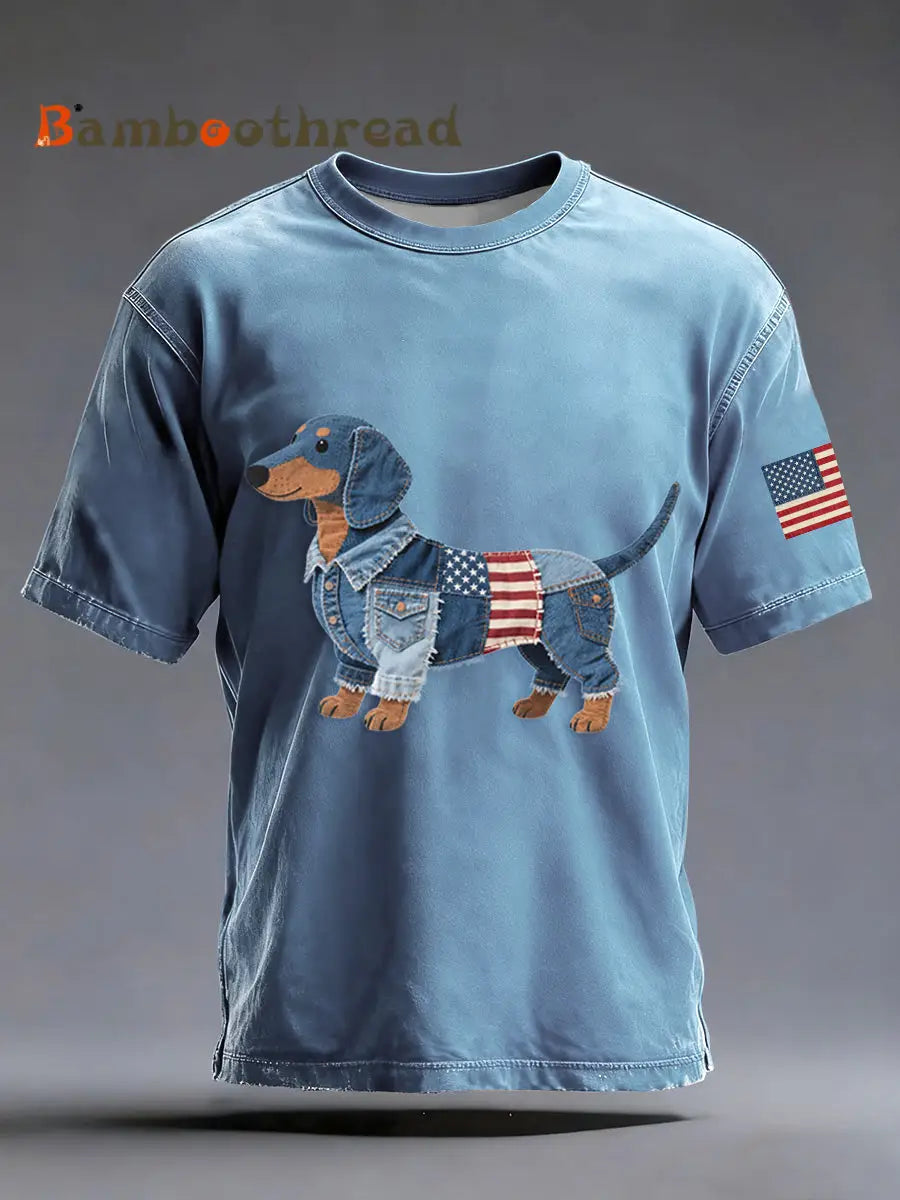 Men’s Denim Patchwork Art Dachshund Dog Pattern Washed T-Shirt Blue / S