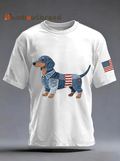 Men’s Denim Patchwork Art Dachshund Dog Pattern Washed T-Shirt White / S