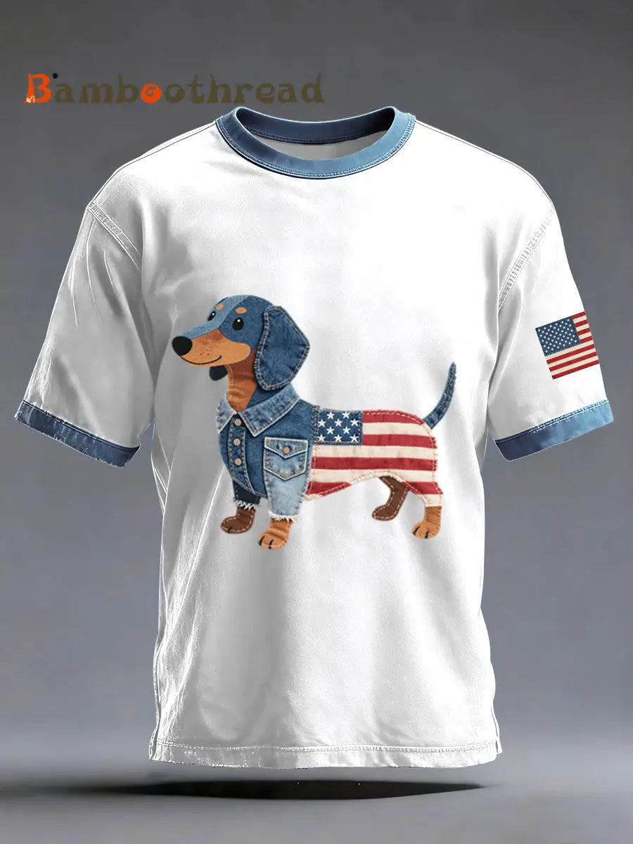 Men’s Denim Patchwork Art Dachshund Dog Pattern Washed T-Shirt White / S