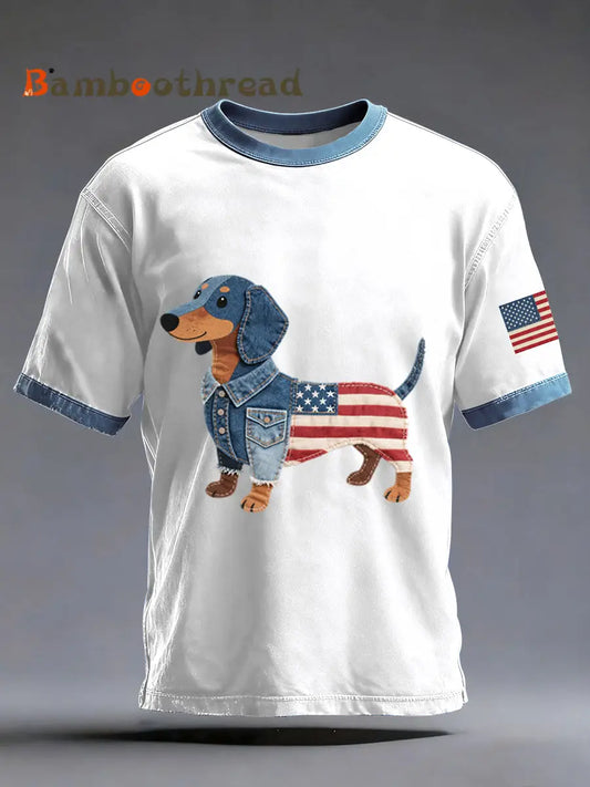 Men’s Denim Patchwork Art Dachshund Dog Pattern Washed T-Shirt White / S