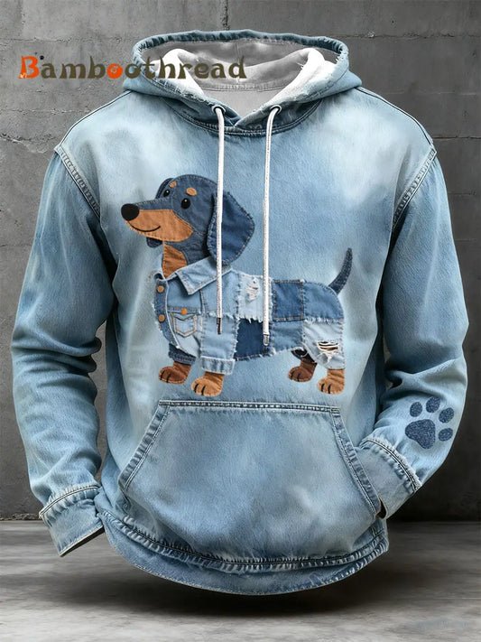 Men’s Denim Patchwork Art Dachshund Pattern Hoodie Blue / S