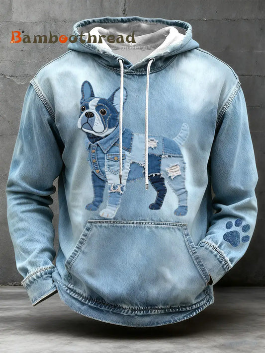 Men’s Denim Patchwork Art French Bulldog Pattern Hoodie Blue / S