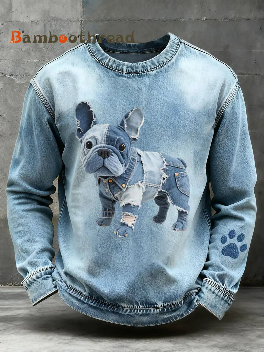 Men’s Denim Patchwork Art French Bulldog Pattern Sweatshirt Blue / S