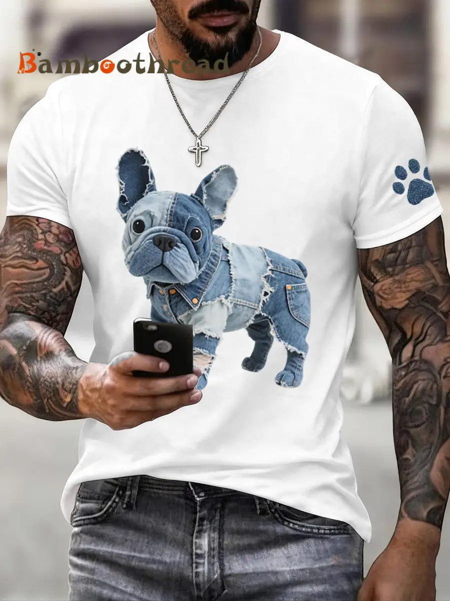 Men’s Denim Patchwork Art French Bulldog Pattern T-Shirt White / S