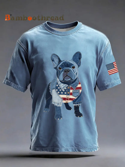 Men’s Denim Patchwork Art French Bulldog Pattern Washed T-Shirt Blue / S