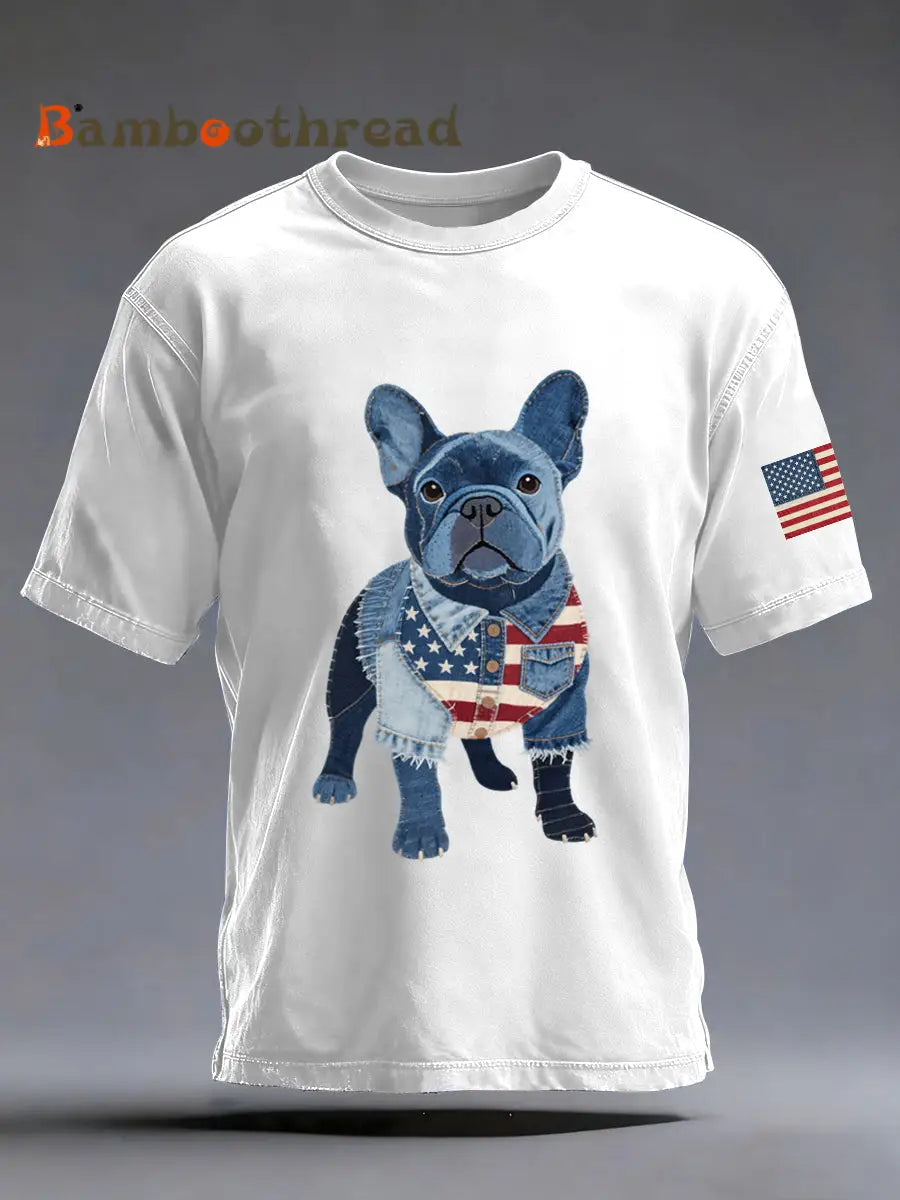 Men’s Denim Patchwork Art French Bulldog Pattern Washed T-Shirt White / S