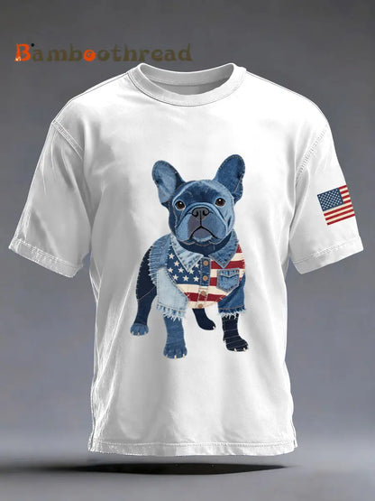 Men’s Denim Patchwork Art French Bulldog Pattern Washed T-Shirt White / S