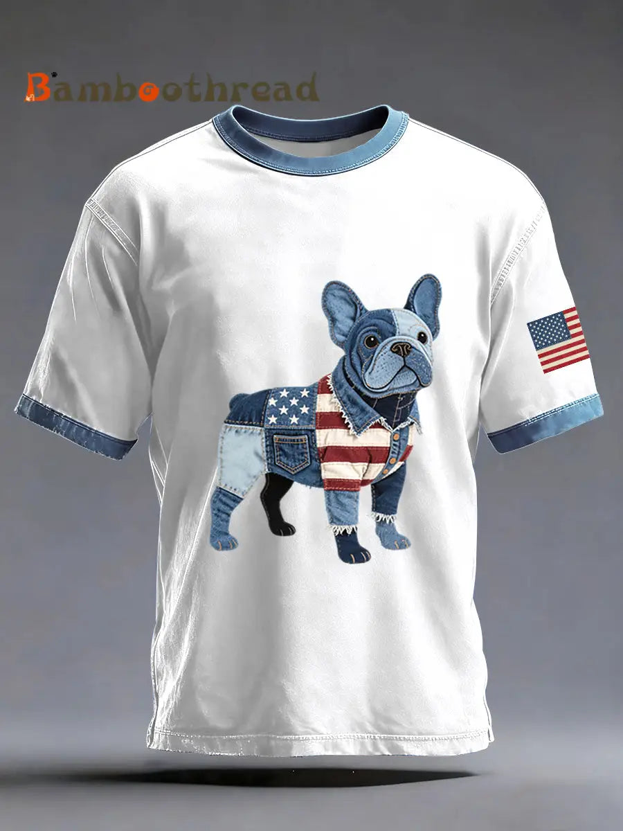 Men’s Denim Patchwork Art French Bulldog Pattern Washed T-Shirt White / S