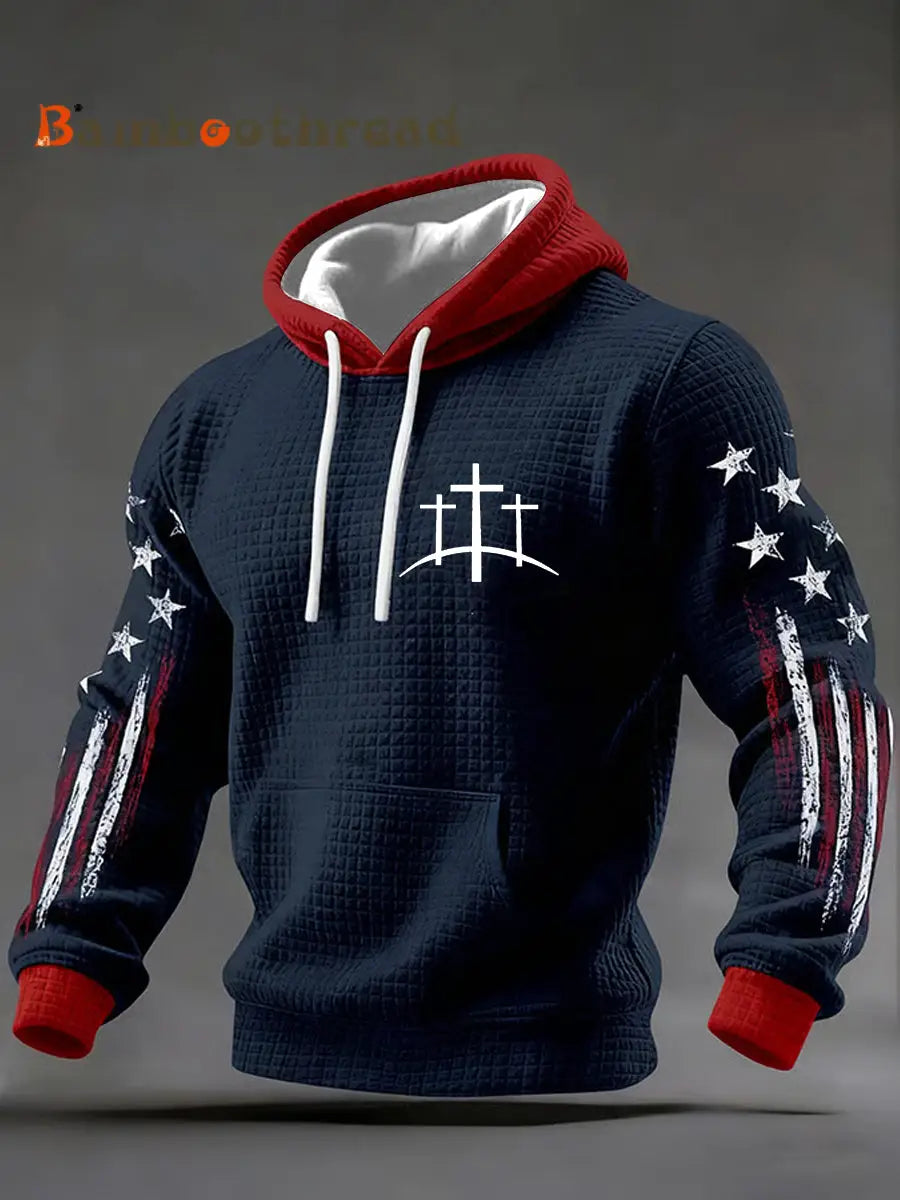Men’s Faith Cross Checkered Cotton Hoodie Navy Blue / S