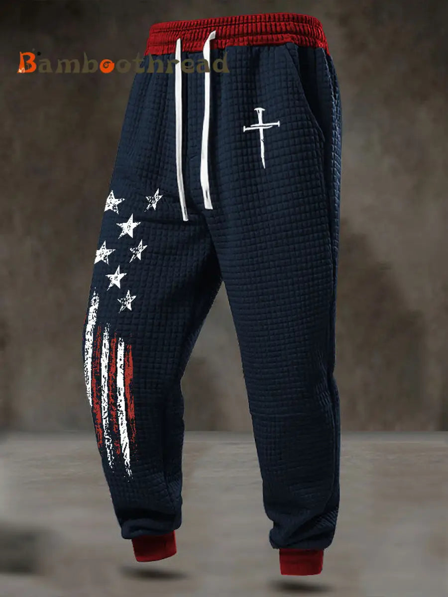 Men’s Faith Cross Checkered Cotton Hoodie Pants Navy Blue / S