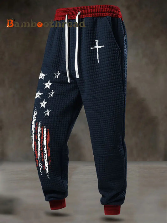 Men’s Faith Cross Checkered Cotton Hoodie Pants Navy Blue / S