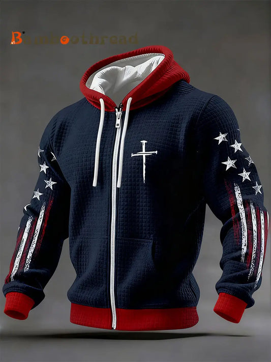 Men’s Faith Cross Checkered Cotton Zip-Up Hoodie Navy Blue / S