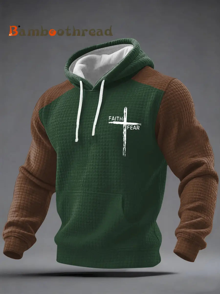 Men’s Faith Over Fear Print Casual Checkered Hoodie Dark Green / S