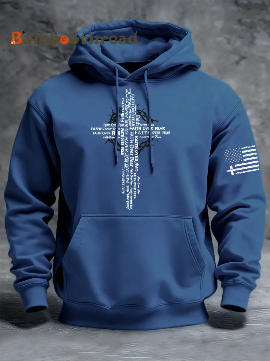 Men’s Faith Over Fear Print Casual Hoodie Blue / S