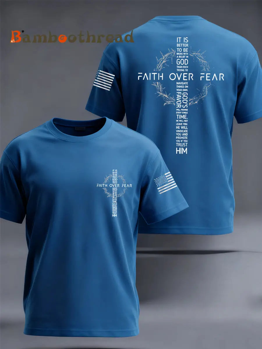 Men’s Faith Over Fear Print Casual Tee Blue / S
