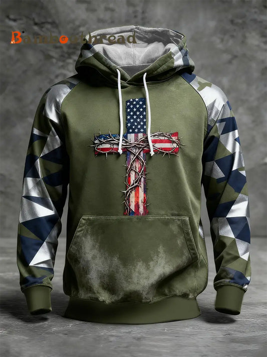 Men’s Flag Cross Camouflage Oversized Drop-Shoulder Hoodie With Pockets Army Green / S