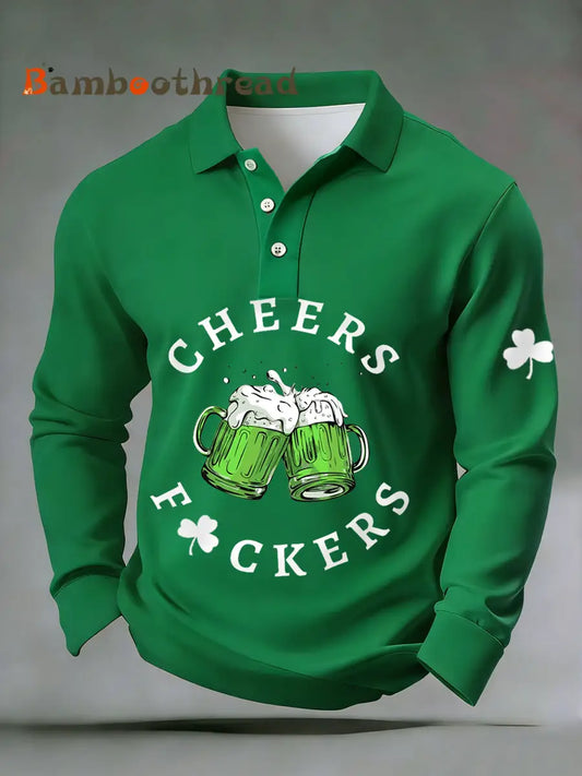 Men’s Funny St. Patrick’s Day Cheers F*ckers Green Beer Shamrock Print Casual Long-Sleeve Top Green / S