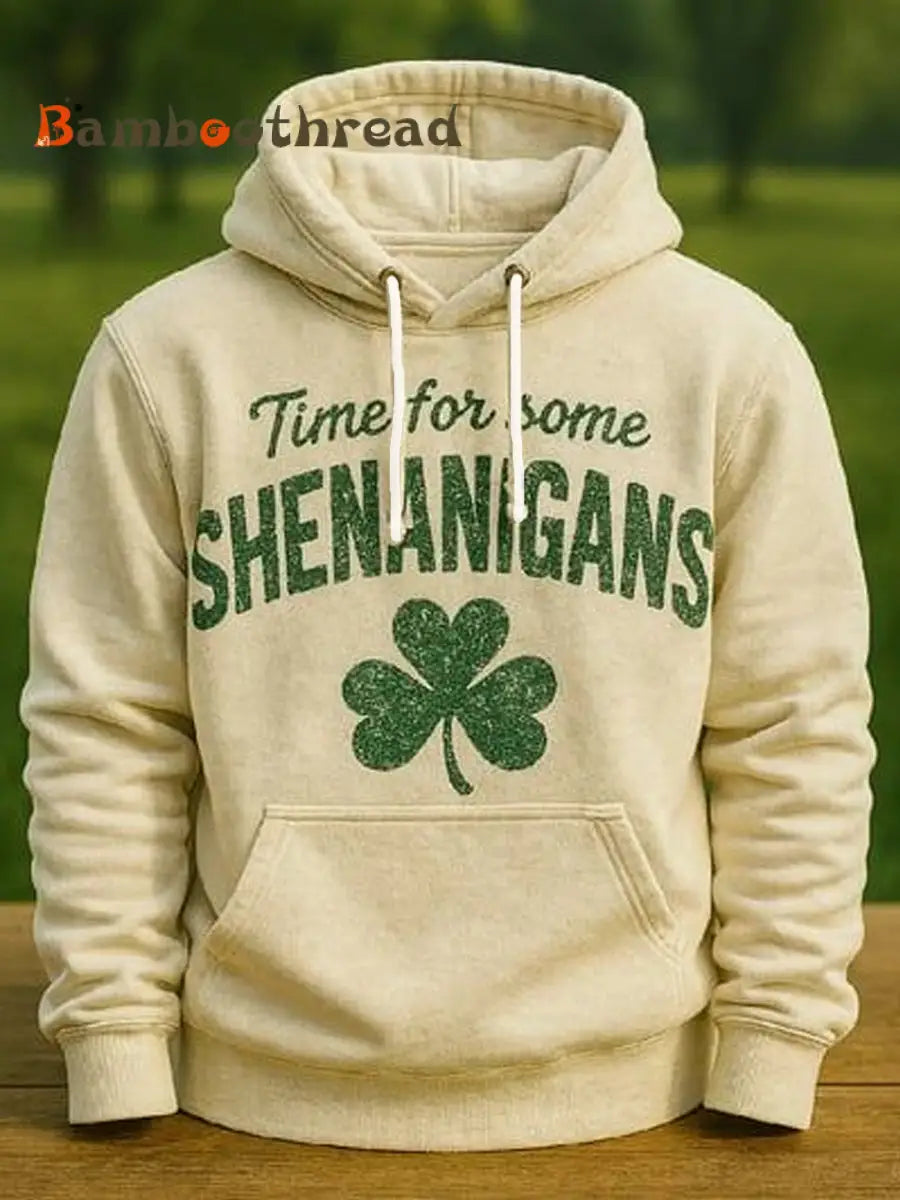 Men’s Funny St Patrick’s Day Here For The Shenanigans Shamrock Print Casual Hoodie Creamy-White / S