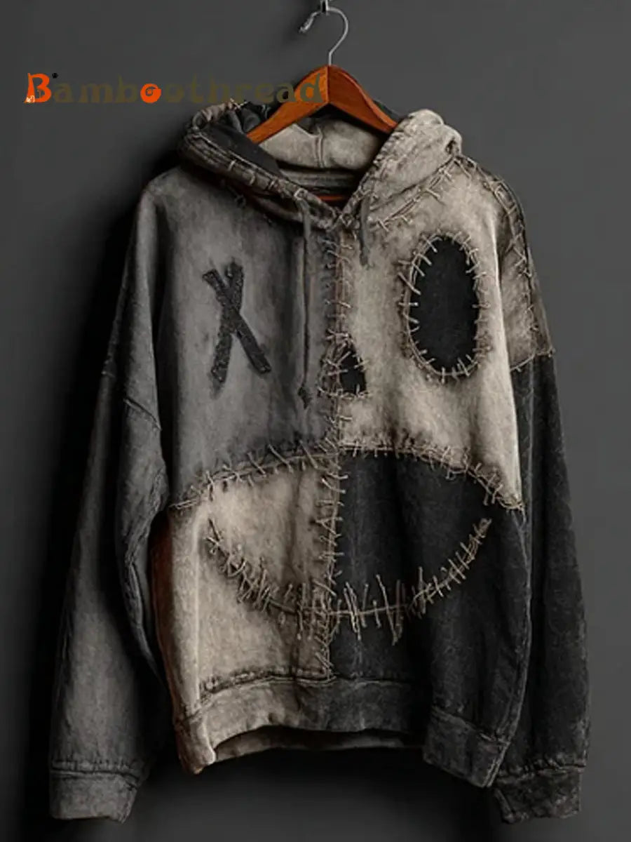 Men’s Halloween Pumpkin Face Colorblock Patchwork Hoodie Gray / S