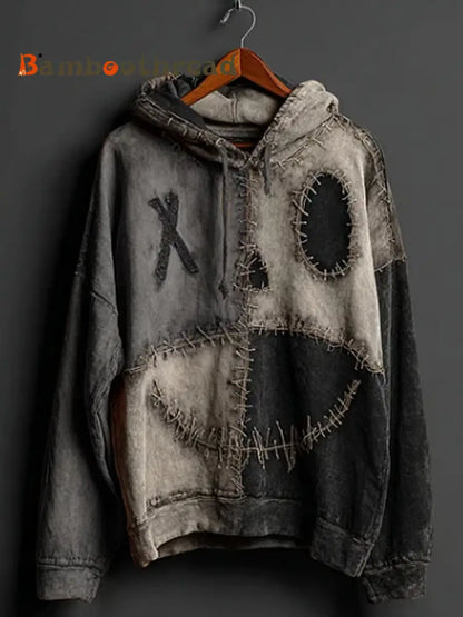 Men’s Halloween Pumpkin Face Colorblock Patchwork Hoodie Gray / S
