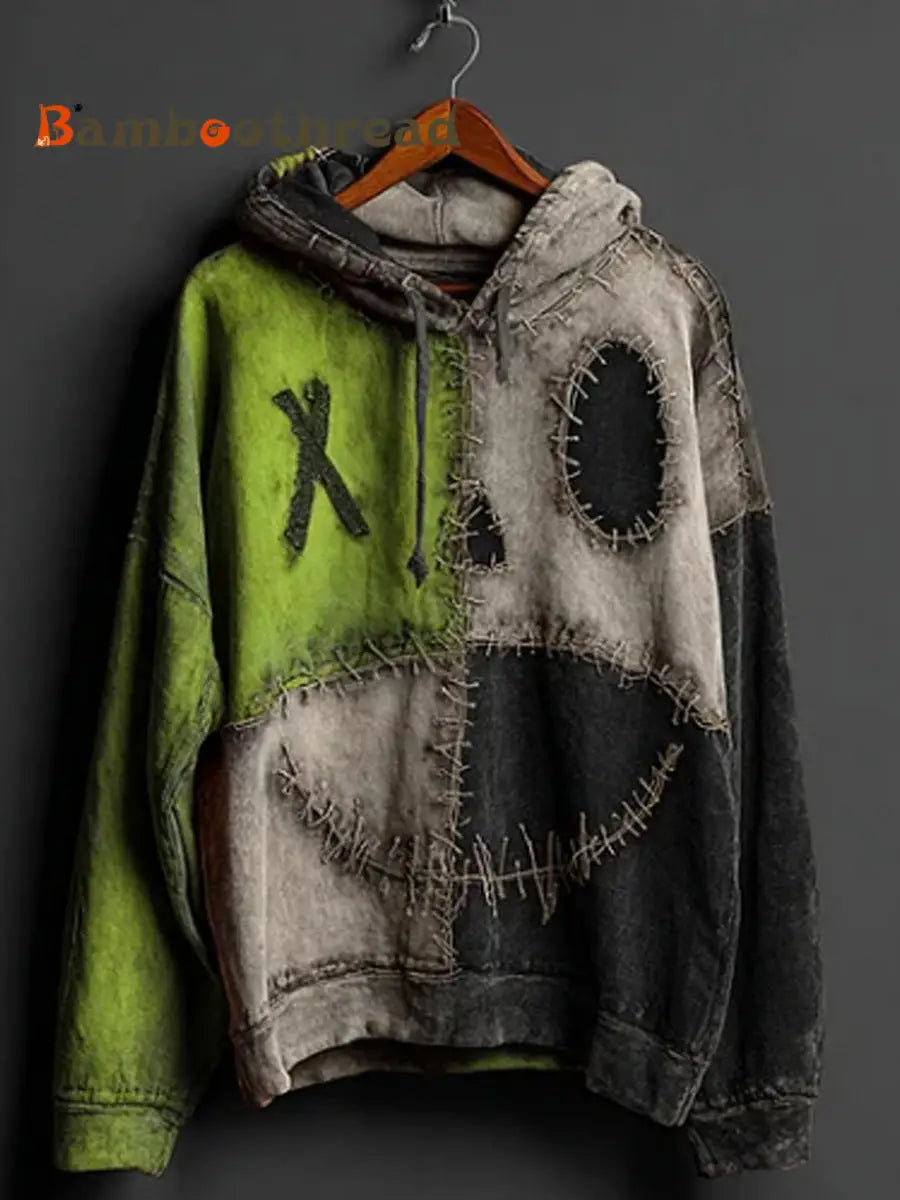 Men’s Halloween Pumpkin Face Colorblock Patchwork Hoodie Green / S