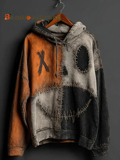 Men’s Halloween Pumpkin Face Colorblock Patchwork Hoodie Pumpkin Orange / S
