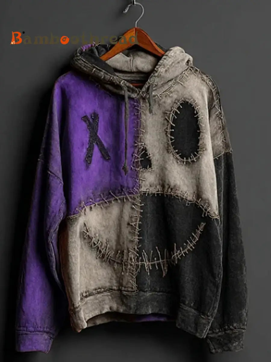 Men’s Halloween Pumpkin Face Colorblock Patchwork Hoodie Purple / S