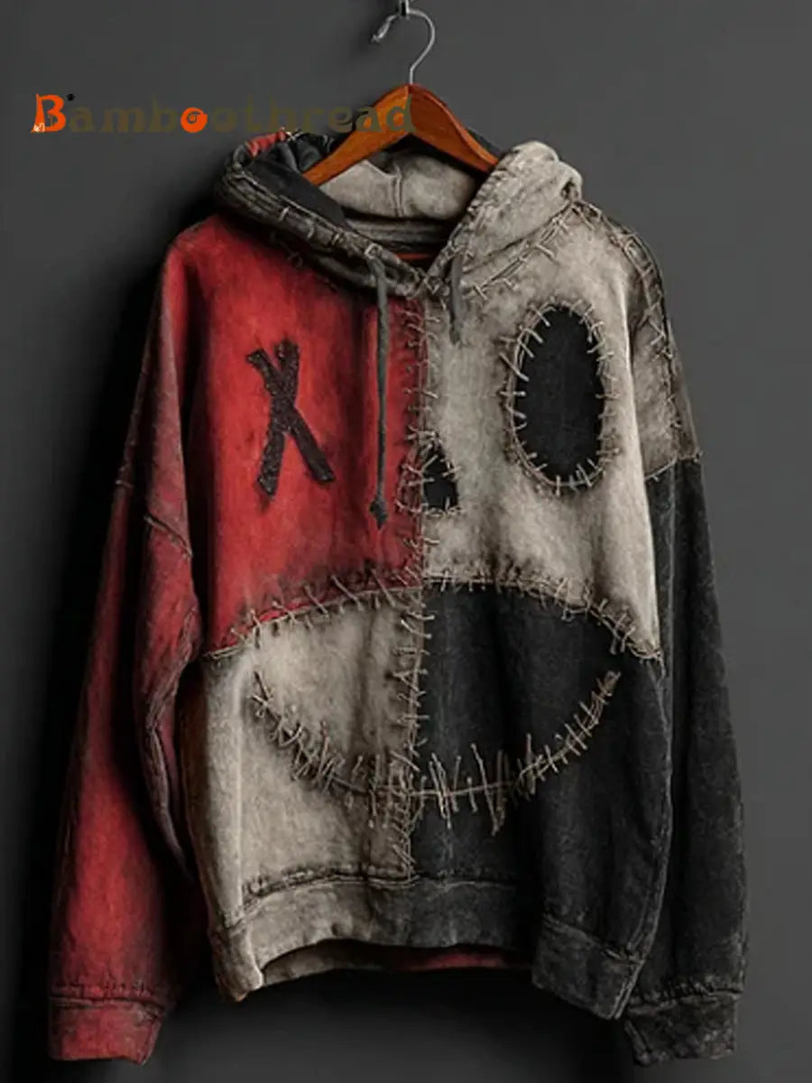 Men’s Halloween Pumpkin Face Colorblock Patchwork Hoodie Red / S