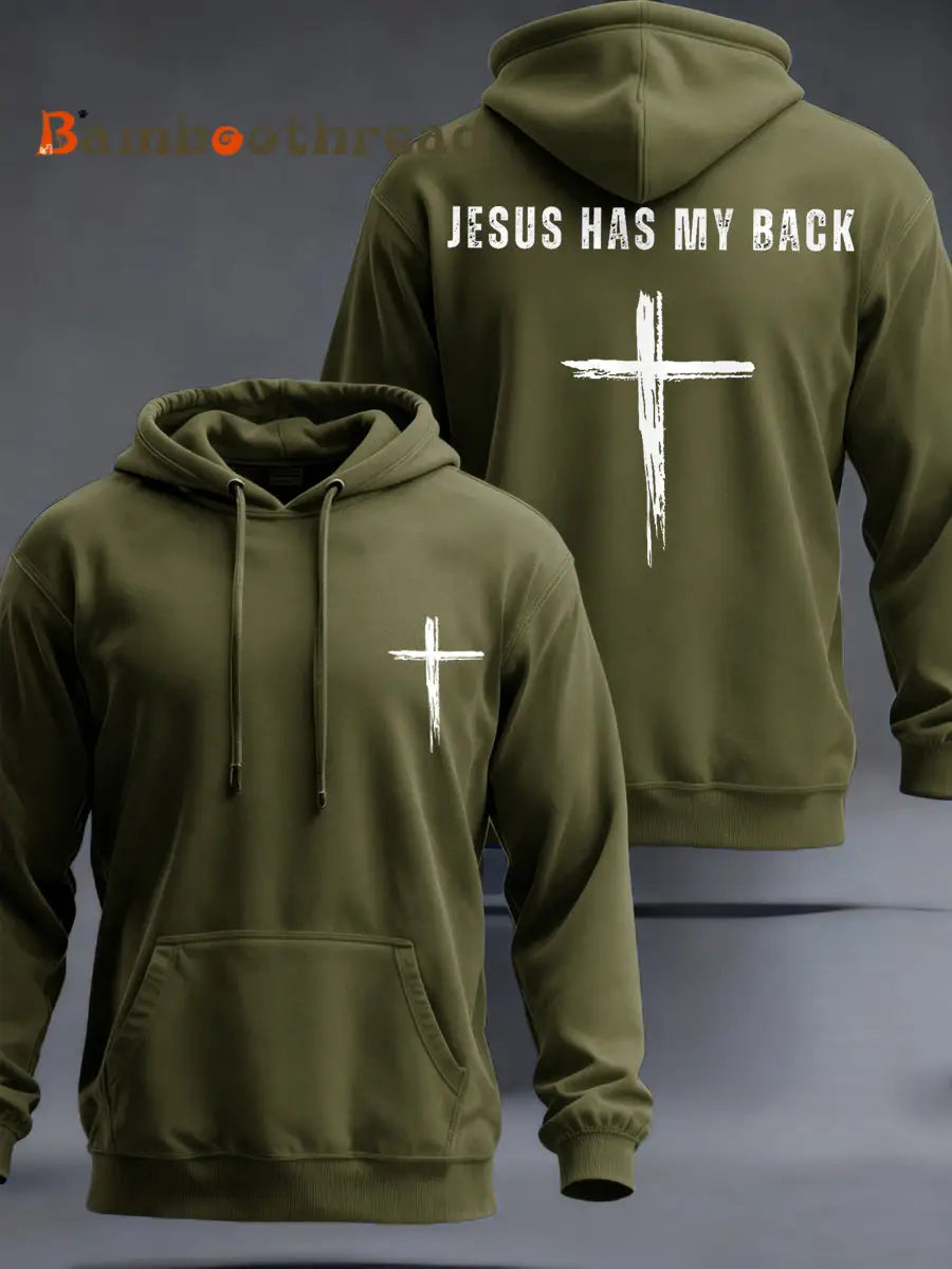 Men’s Jesus Has My Back Cross Faith Casual Hoodie Army Green / S