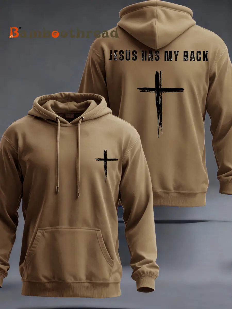 Men’s Jesus Has My Back Cross Faith Casual Hoodie Khaki / S