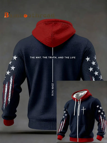 Men’s Jesus The Way The Truth The Life John 14:6 Christian Cross Checkered Cotton Hoodie Navy Blue / S