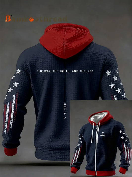 Men’s Jesus The Way The Truth The Life John 14:6 Christian Cross Checkered Cotton Hoodie Navy Blue / S
