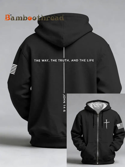 Men’s Jesus The Way The Truth The Life John 14:6 Christian Cross Print Zip-Up Hoodie Black / S