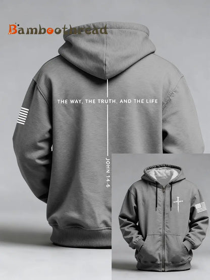 Men’s Jesus The Way The Truth The Life John 14:6 Christian Cross Print Zip-Up Hoodie Light Gray / S