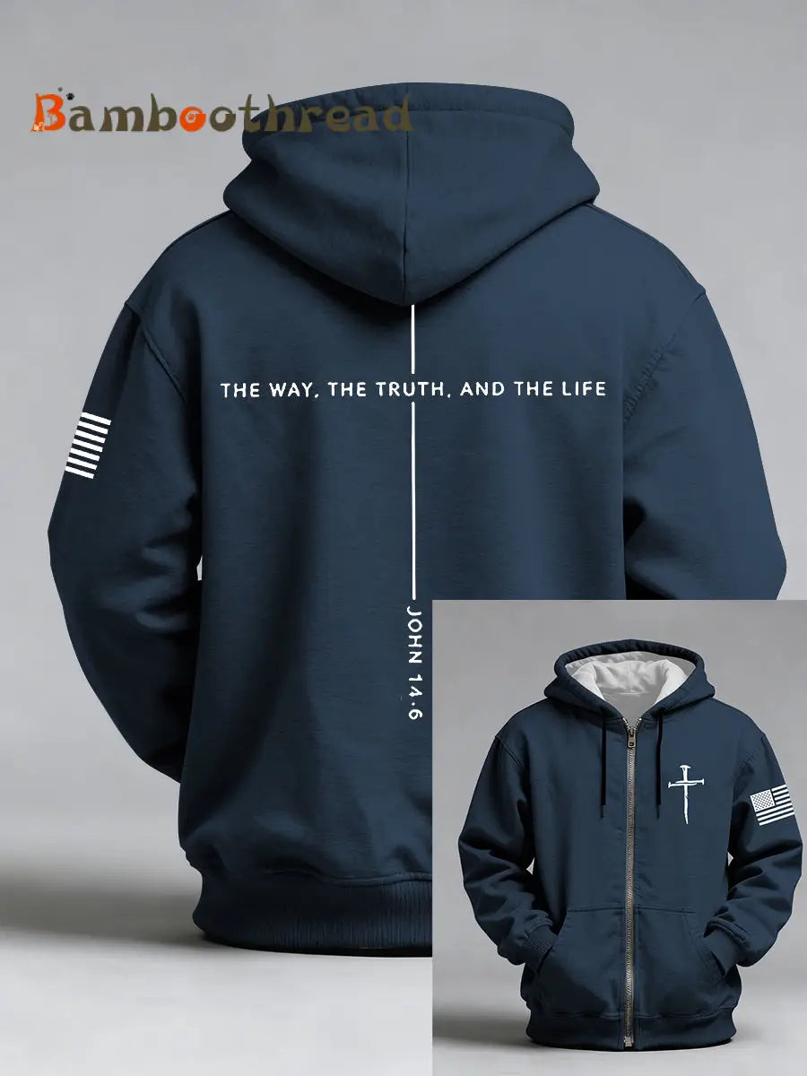 Men’s Jesus The Way The Truth The Life John 14:6 Christian Cross Print Zip-Up Hoodie Navy Blue / S