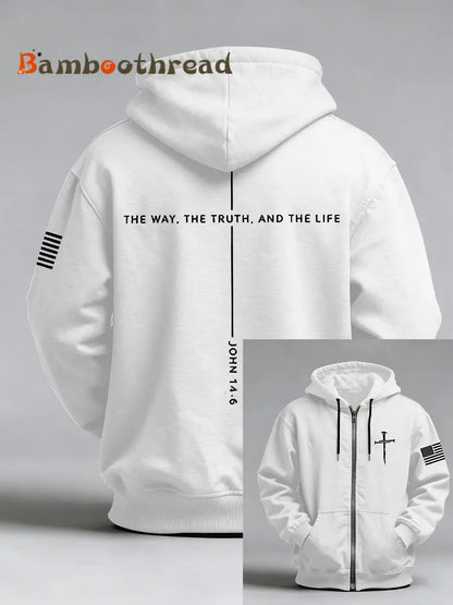 Men’s Jesus The Way The Truth The Life John 14:6 Christian Cross Print Zip-Up Hoodie White / S