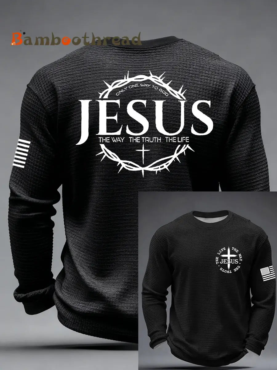 Men’s Jesus The Way The Truth The Life John 14:6 Christian Cross Waffle Long Sleeve T-Shirt Black / S