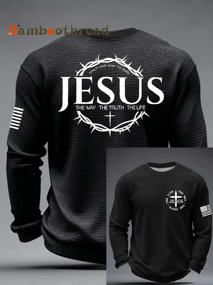 Men’s Jesus The Way The Truth The Life John 14:6 Christian Cross Waffle Long Sleeve T-Shirt Black / S