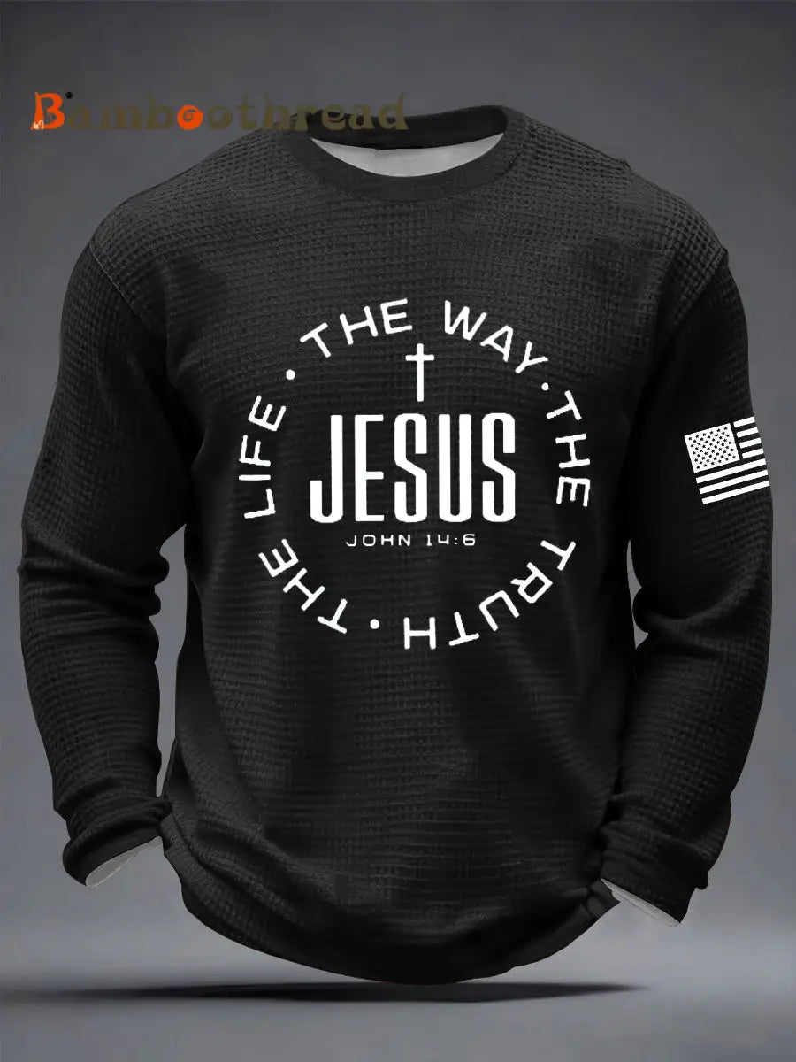 Men’s Jesus The Way The Truth The Life John 14:6 Christian Cross Waffle Long Sleeve T-Shirt Black / S