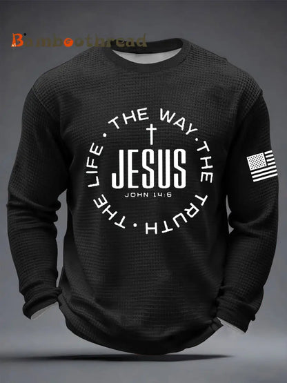 Men’s Jesus The Way The Truth The Life John 14:6 Christian Cross Waffle Long Sleeve T-Shirt Black / S