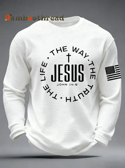 Men’s Jesus The Way The Truth The Life John 14:6 Christian Cross Waffle Long Sleeve T-Shirt White / S