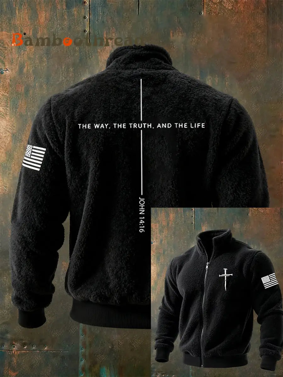 Men’s Jesus The Way The Truth The Life John 14:6 Christian Cross Zipper Flannel Hoodie Black / S