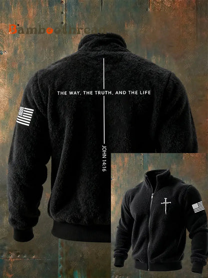 Men’s Jesus The Way The Truth The Life John 14:6 Christian Cross Zipper Flannel Hoodie Black / S