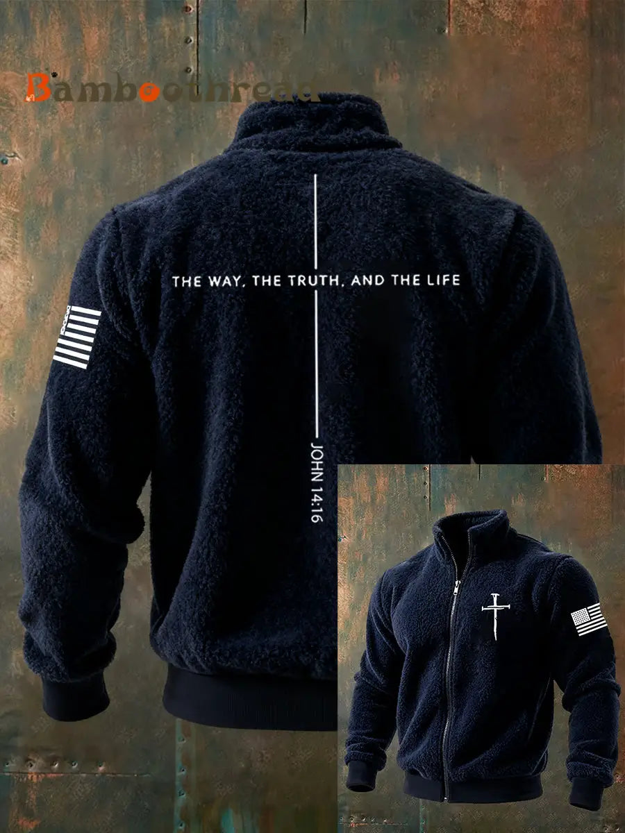 Men’s Jesus The Way The Truth The Life John 14:6 Christian Cross Zipper Flannel Hoodie Navy Blue / S