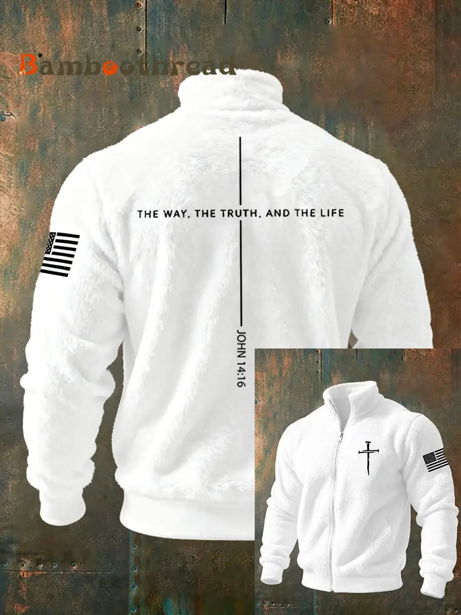 Men’s Jesus The Way The Truth The Life John 14:6 Christian Cross Zipper Flannel Hoodie White / S