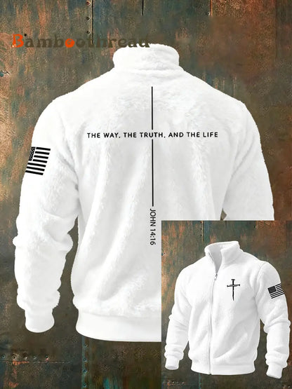 Men’s Jesus The Way The Truth The Life John 14:6 Christian Cross Zipper Flannel Hoodie White / S