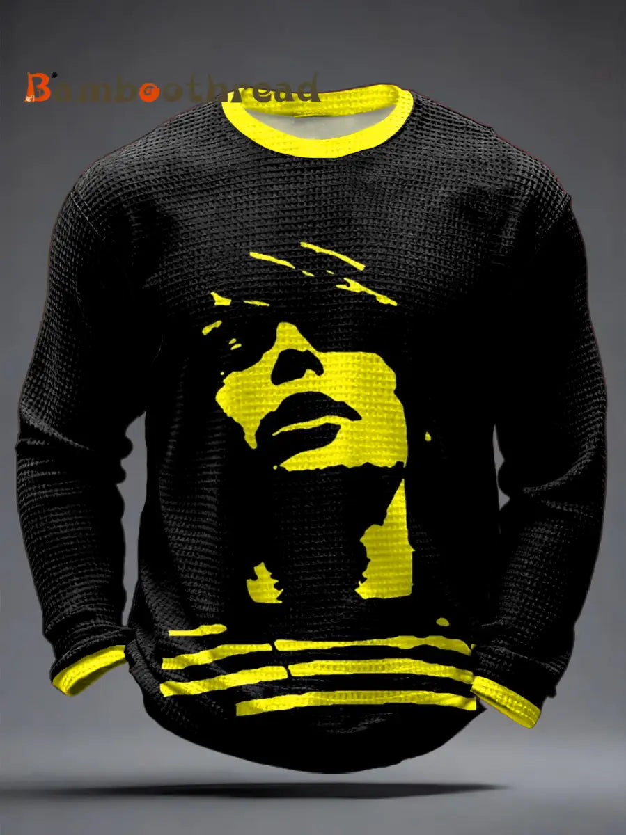 Men’s Lemon Roses Music Lover Printed Waffle Long Sleeve T-Shirt Black / S