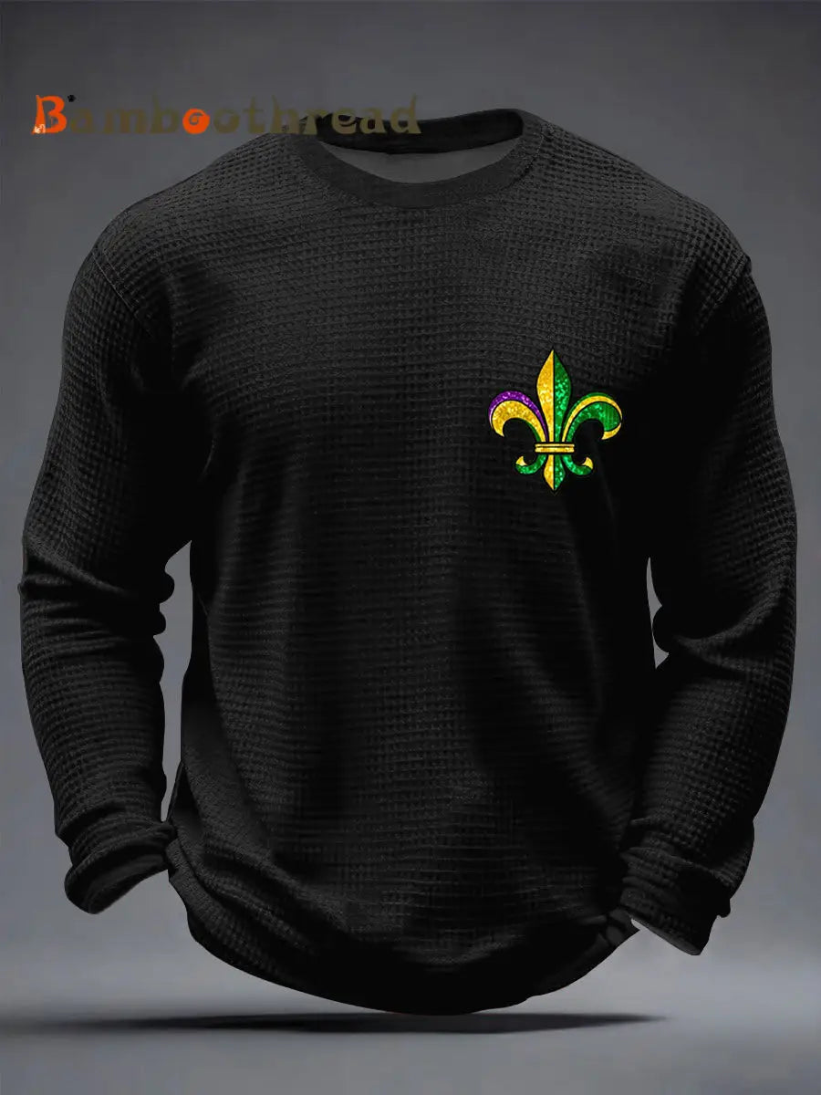 Men’s Mardi Gras Fleur De Lis Colorblock Print Casual Waffle Long Sleeve T-Shirt Black / S