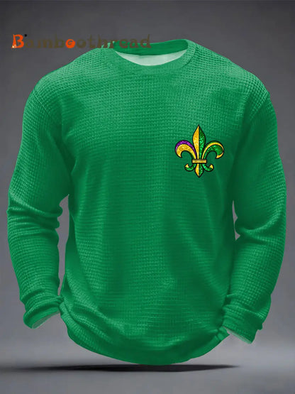 Men’s Mardi Gras Fleur De Lis Colorblock Print Casual Waffle Long Sleeve T-Shirt Green / S